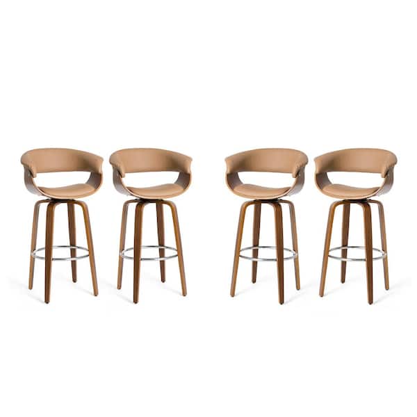 Glitzhome 40.5 in. H Mid-Century Modern Camel PU/Walnut Bentwood Swivel Low Back Bar Stool (Set of 4)