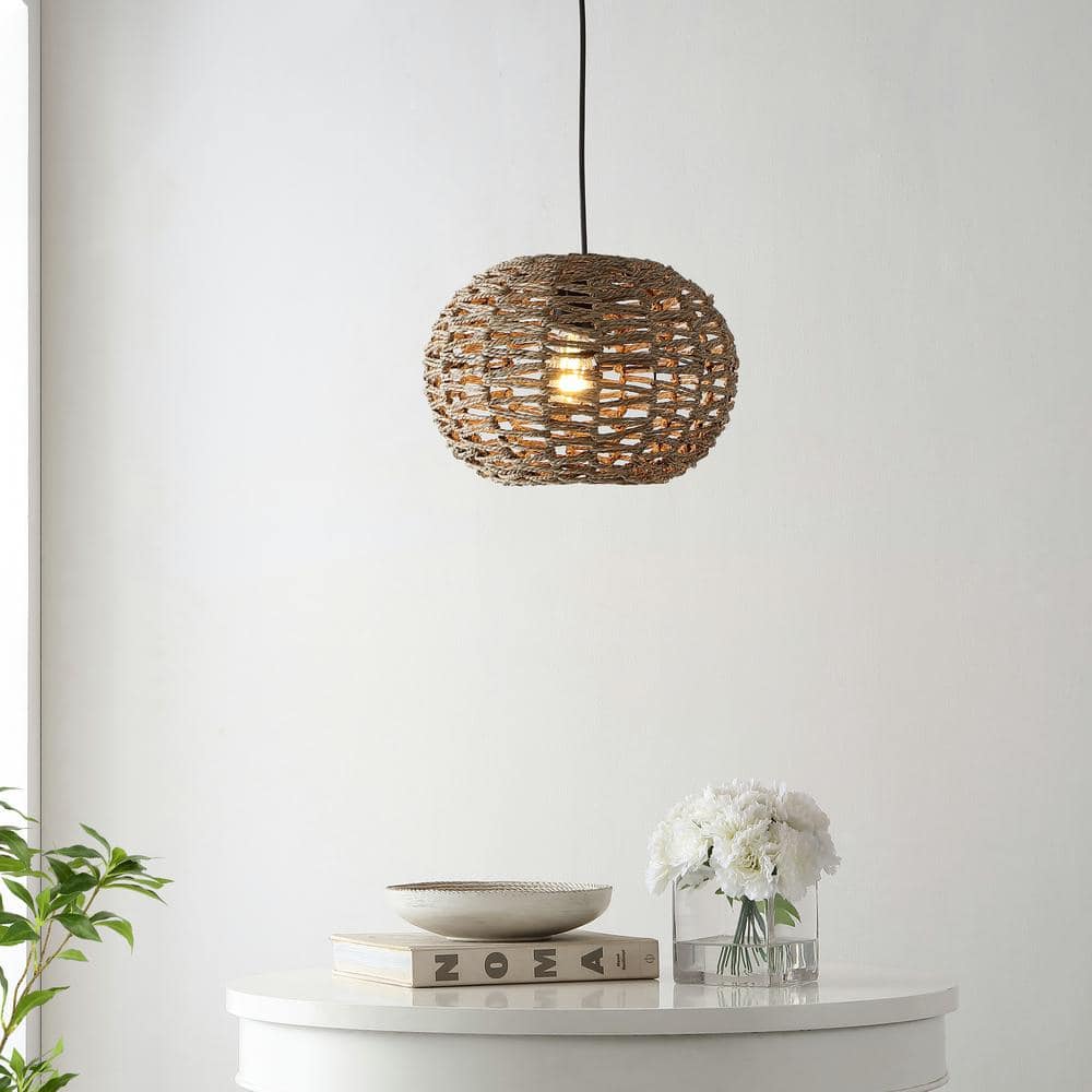 Isla Farmhouse 14" Brown Rattan LED Pendant with Adjustable Cord