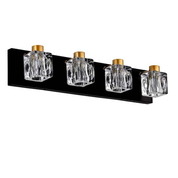 GMGSROM 23.6 in. 4-Light Matte Black and Gold Bathroom Vanity Light with Crystal Glass Shade