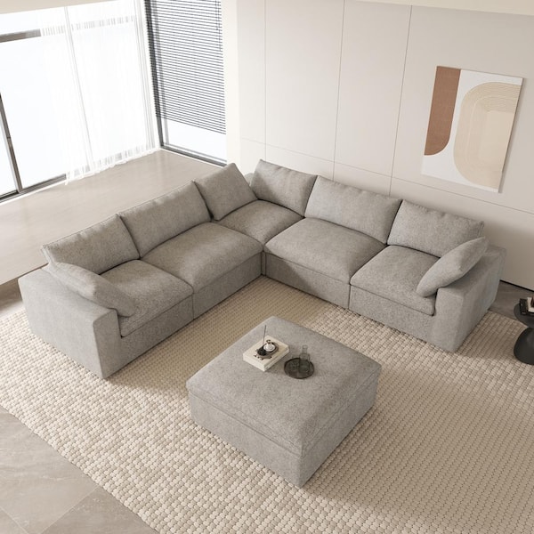 120.45 in. W Square Arm Linen 6-Piece Modular Free Combination Sofa with Storage Ottoman in Gray