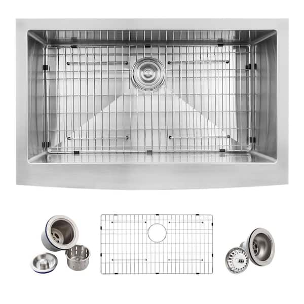 Glacier Bay Tight Radius Farmhouse Apron-Front 16G Stainless Steel 33 in. Single Bowl Kitchen Sink with Accessories