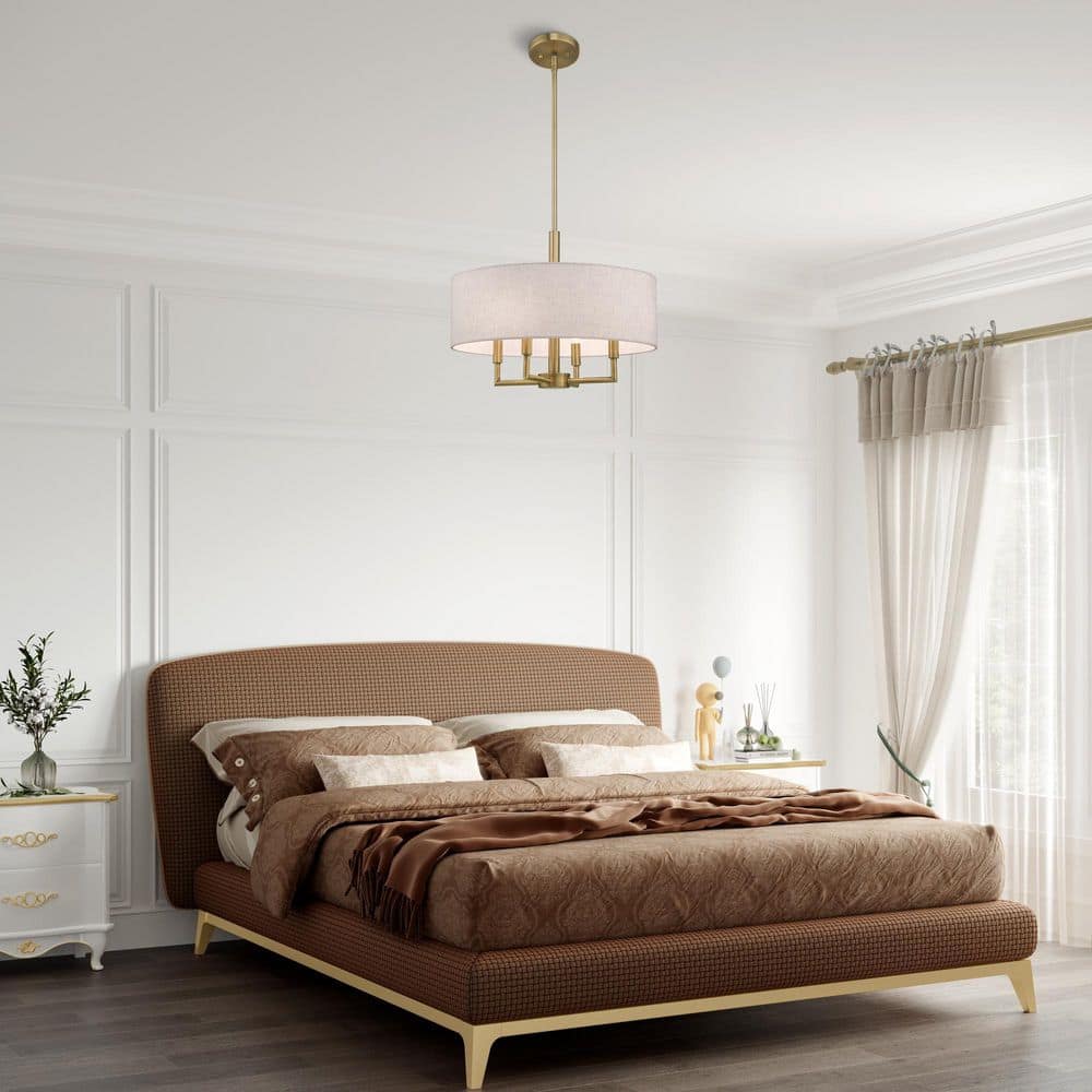 Antique Brass 4-Light Drum Chandelier with Oatmeal Shade