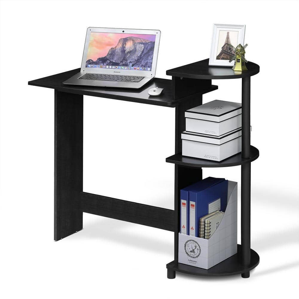 Compact Black Wood Computer Desk with Shelves