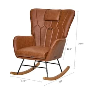 Brown Nursery Rocking Chair, Leather Upholstered Glider Rocker with Headrest High Backrest, Modern Rocking Accent Chair