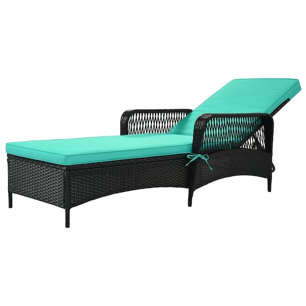 Unbranded Wicker Outdoor Black Lounge Chair with Green Cushion Adjustable backrest ( Set of 2)