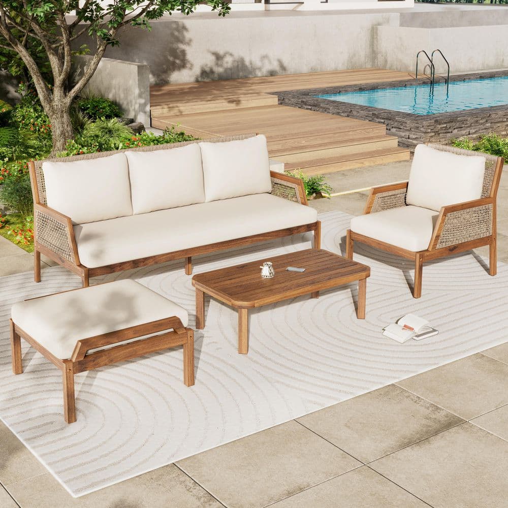 Caleb Teak and Mix Brown 4-Piece Solid Wood Outdoor Wicker Patio Conversation Seating Set with Cream Cushions