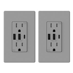 30-Watt 15 Amp 3-Port Type C and Dual Type A USB Duplex USB Wall Outlet, Wall Plate Included, Gray(2-Pack)