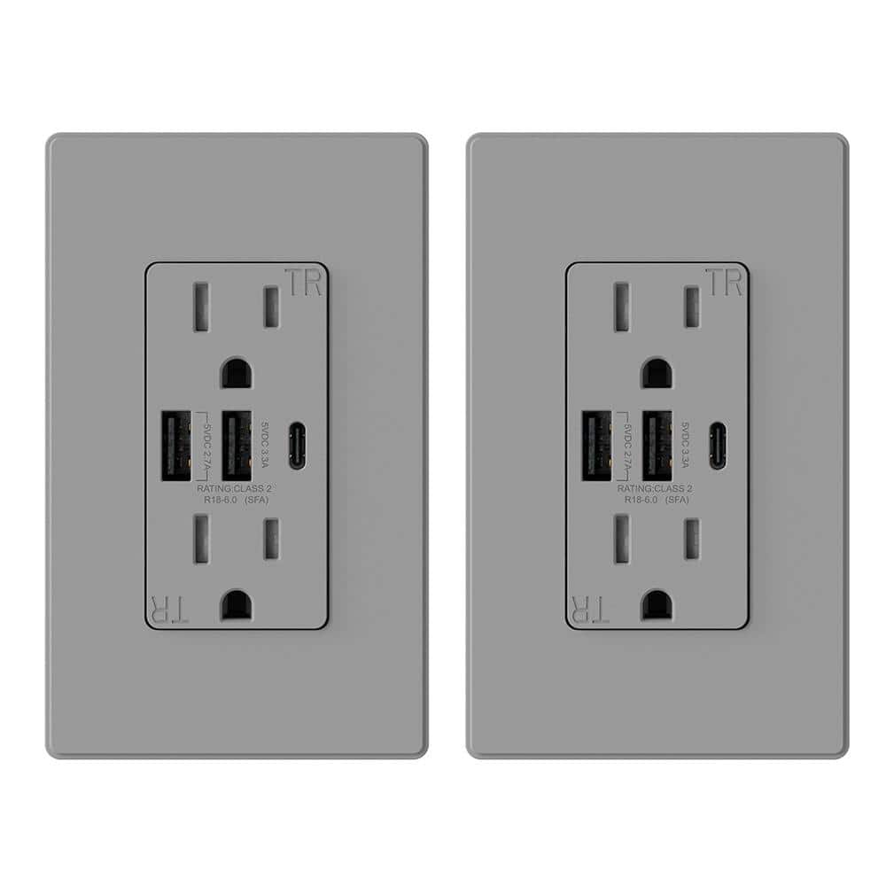 ELEGRP 30Watt 15 Amp 3Port Type C and Dual Type A USB Duplex USB Wall Outlet, Wall Plate