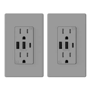 30-Watt 15 Amp 3-Port Type C and Dual Type A USB Duplex USB Wall Outlet, Wall Plate Included, Gray(2-Pack)