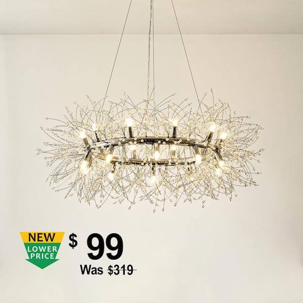 ExBrite 35.43 in. 20-Lights Chrome G9 LED Dandelion Firework Crystal Semi-Flush Mount Chandelier with Dimmable for Kitchen