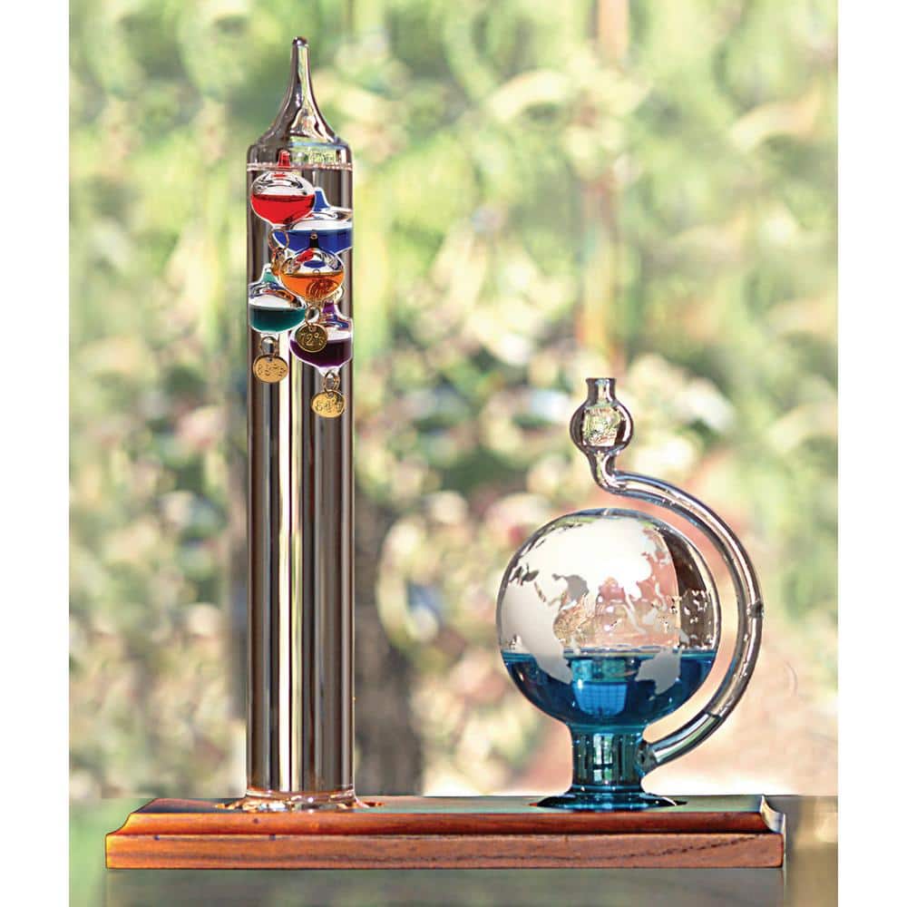 Galileo Glass Thermometer and Barometer with Wooden Base