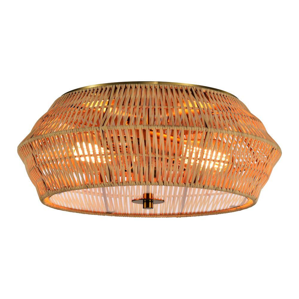 Vintage Brass and Natural Rattan Geometric Cage Flush Mount Light