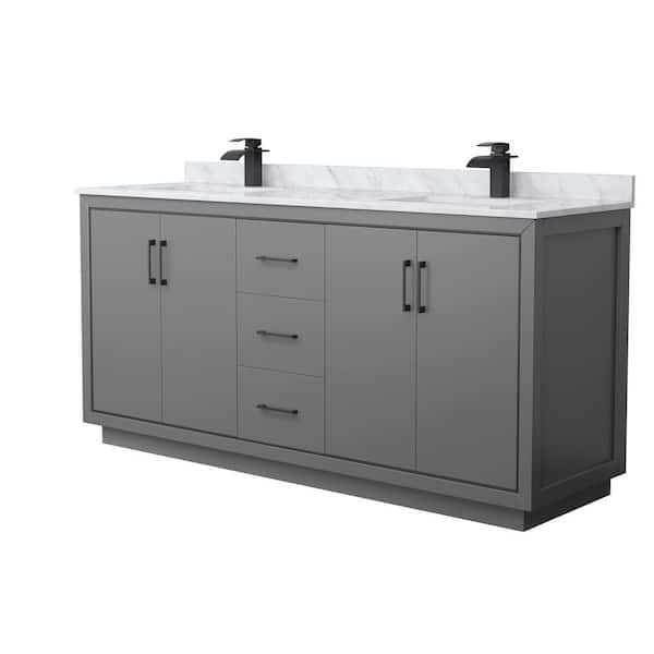 Wyndham Collection Icon 72 in. W x 22 in. D x 35 in. H Double Bath Vanity in Dark Gray with White Carrara Marble Top
