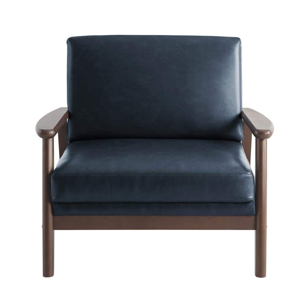 Navy Blue Faux Leather Barrel Accent Chair with Wood Frame