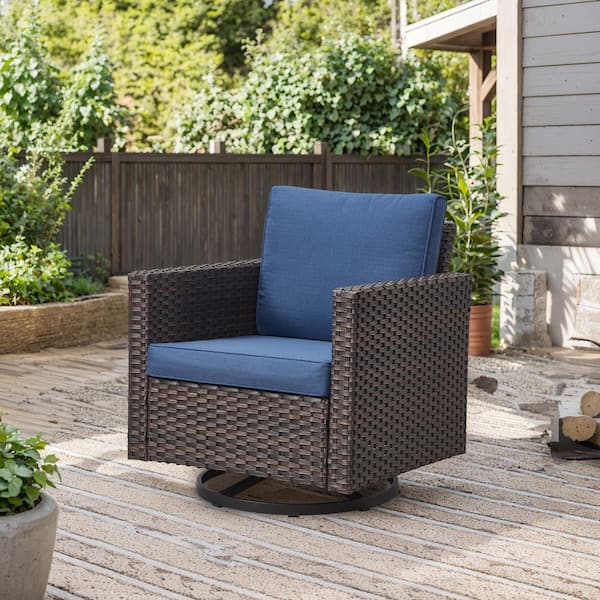 Opohoro Brown Wicker Outdoor Rocking Chair, Patio Swivel Glider Chair with Navy Blue Cushions for Porch or Balcony (1-Pack)