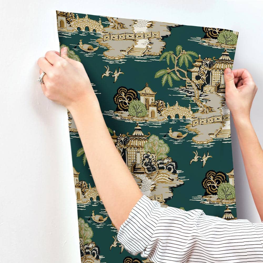 Teal and White Asian Waves Peel and Stick Wallpaper Roll