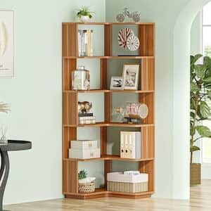 Jannelly 65 in. Tall Wood Color Engineered Wood 6-Shelf Corner Standard Bookcase Bookshelf with Anti-Drop Panel