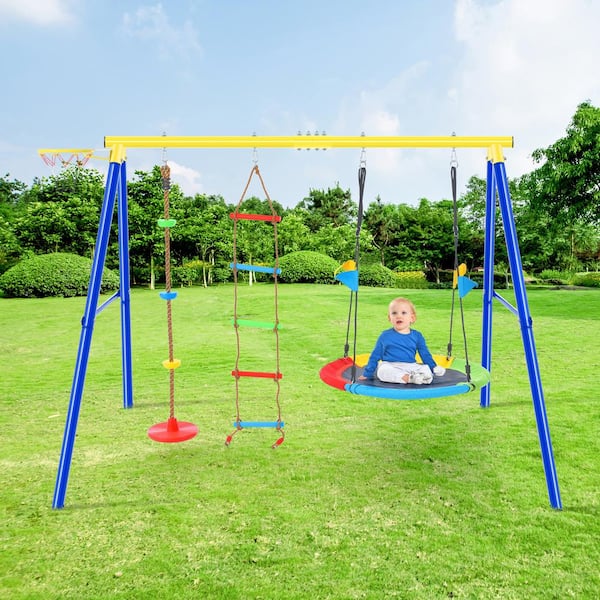 Unbranded LN20232333 Metal Outdoor Swing Set with Disc Tree Swing Playset and Basketball Hoop - 2