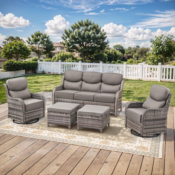 Crescent Gray Swivel Glider Wicker Patio Conversation Set with Gray Olefin 6 in. Thick Cushions/Couch (5-Piece)