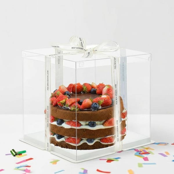 2-Piece Clear Cake Carrier Set Transparent PET Cake Box with Lid White Base for 6 Inch Cake Party Display