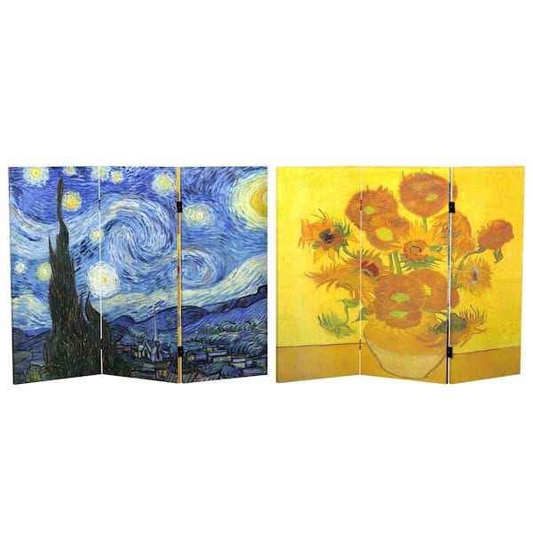 RED LANTERN 3 ft. Short Works of Van Gogh Canvas 3-Panel Folding Screen