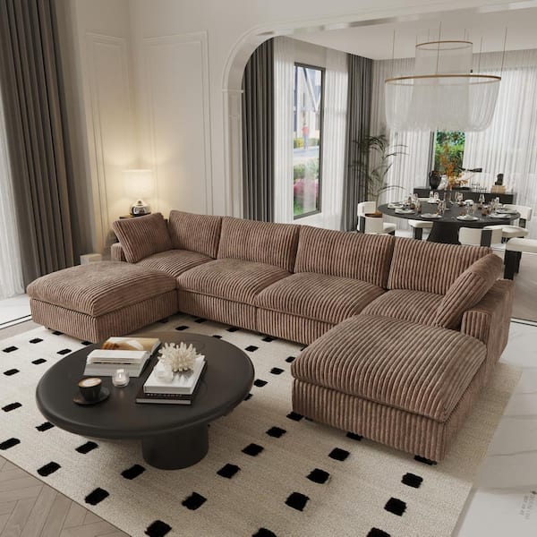 157 in. Square Arm Soft Faux Rabbit Fur Velvet 6-Piece U-Shaped Modern Comfy Cloud Modular Sectional Sofa Couch in Brown