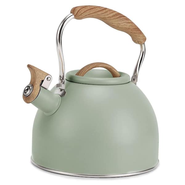12-Cup Green Stainless Steel Whistling Stovetop Tea Kettle with Wood Pattern Folding Handle, 3L Tea Pots for Stove Top