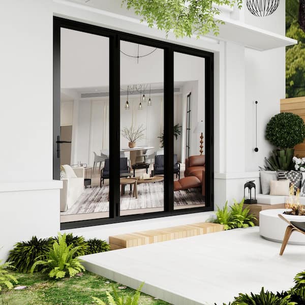 96 in. x 80 in. Right Swing/Outswing Double Tempered Glass Black Aluminum Folding Patio Door (3-Folding)