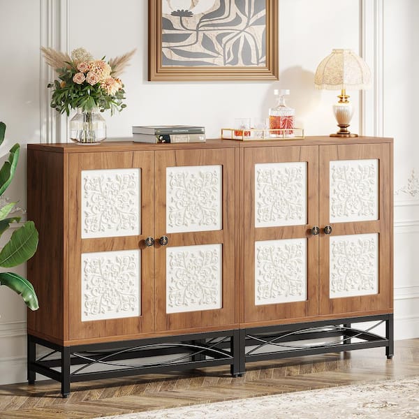 BYBLIGHT Vintage Brown Engineered Wood 59 in. Sideboard Buffet Cabinet with 4 Doors and Adjustable Shelves