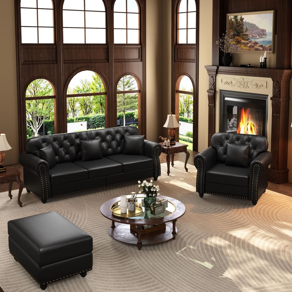 3-Piece Black Faux Leather Upholstery Living Room Set price history on PriceWatchPro