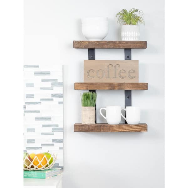 Del Hutson Designs Industrial Grace 5.5 in. x 20 in. x 20 in. Dark Walnut Pine Wood 3-TIer Decorative Wall Shelf with Brackets