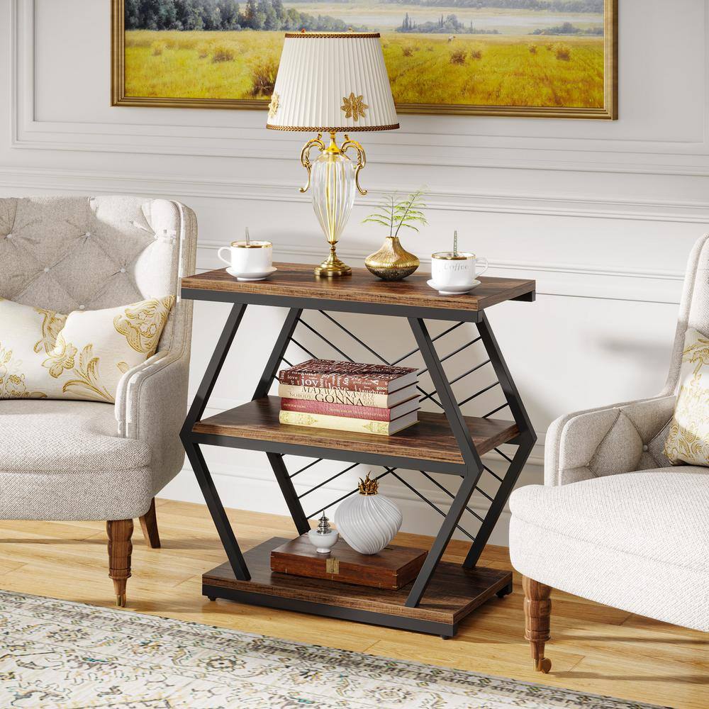 Rustic Brown Wood and Black Metal 3-Tier End Table