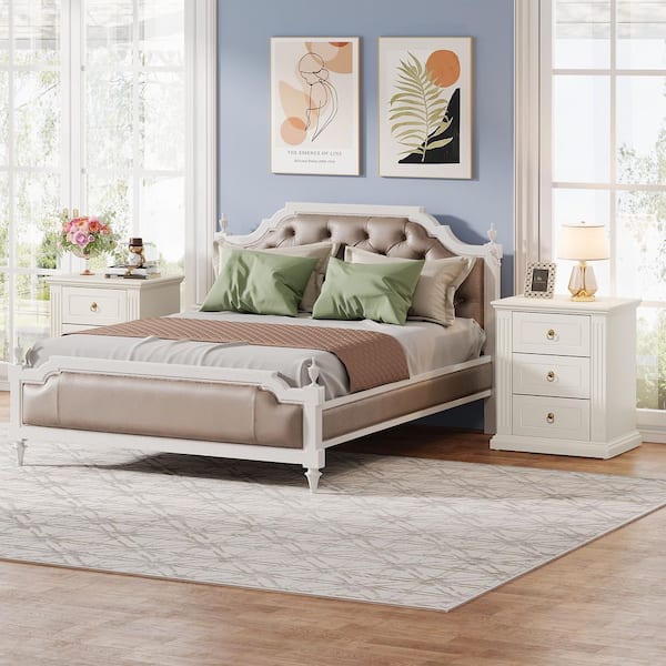 Kerlin Beige Rectangle (Set of 2) Simple Wood End Side Table 3-Drawers Bedside Industrial Home Office Nightstand 2-Piece