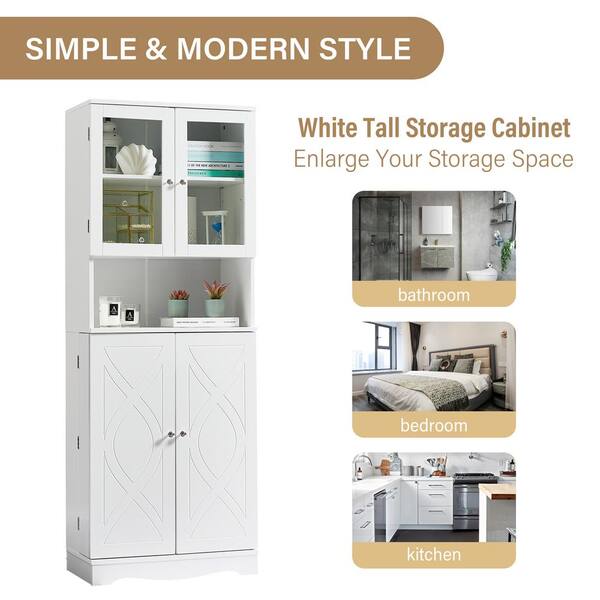 Tall Bathroom Storage Cabinet with Glass Doors,Open Compartment Adjustable  Shelves, Bathroom Kitchen Large Linen Cabinet, White 