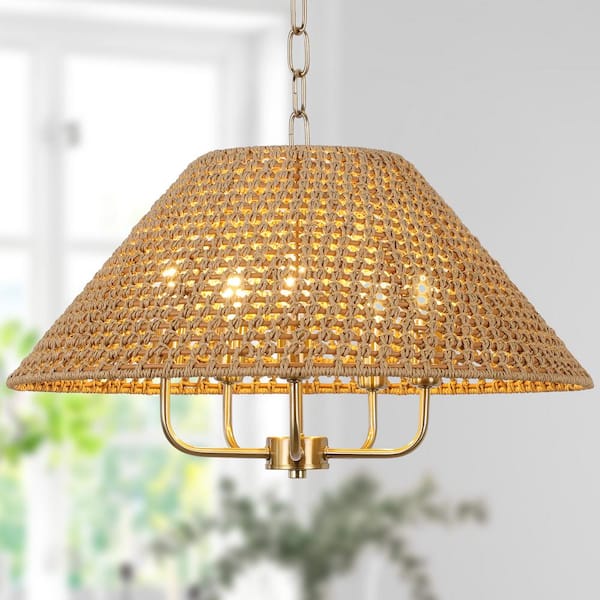Unbranded 21.6 in. 5-Light Gold Bohemian Natural Rattan Chandelier with Hand Woven Shade