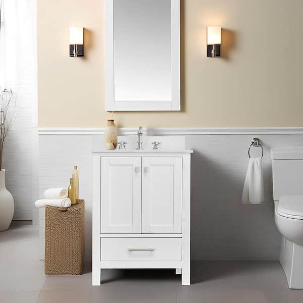 GlamourAura 24 in. W x 22 in. D x 39.24 in. H Single Sink Bath Vanity in White with White Engineered Stone Top