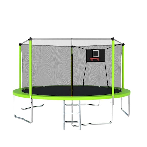 Tenleaf 14 ft. Outdoor Round Green Trampoline with Basketball Hoop