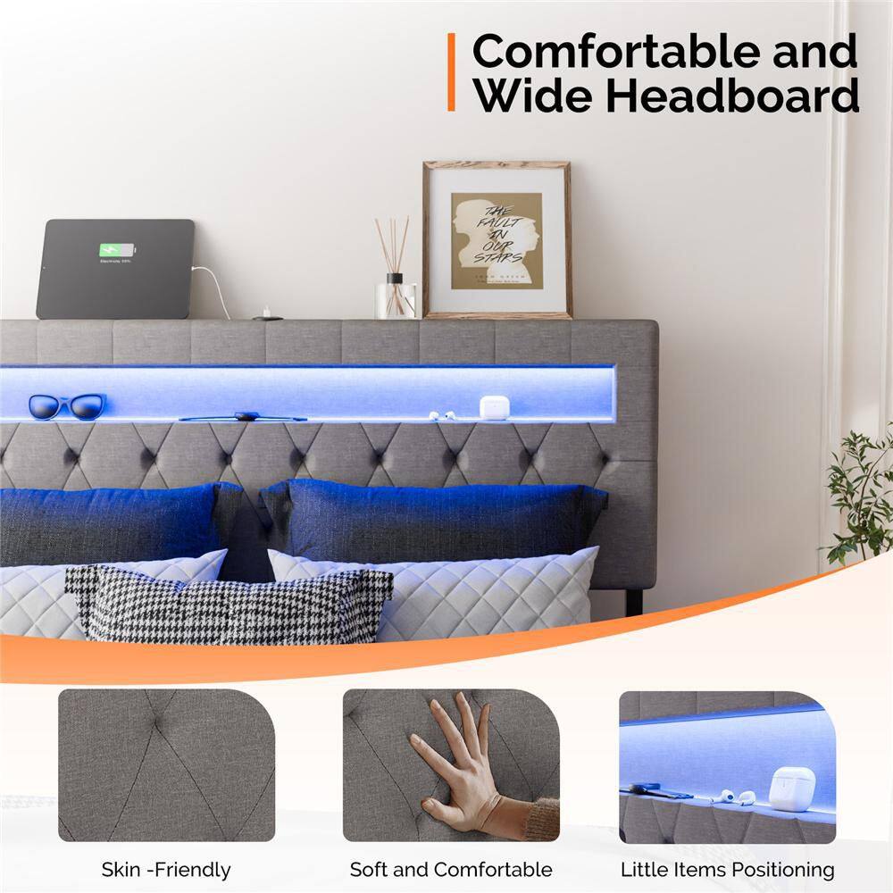 Gray Full Size Floating Bed Frame with Upholstered Headboard/Charging Station,RGB LED Lights - thumbnail 7