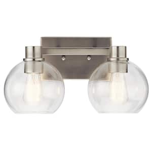 Harmony 15.5 in. 2-Light Brushed Nickel Transitional Bathroom Vanity Light with Clear Glass Shade