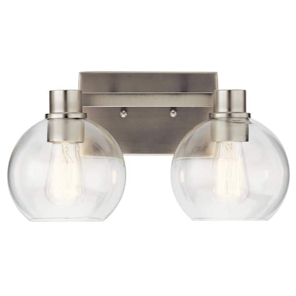 Harmony 15.5 in. 2-Light Brushed Nickel Transitional Bathroom Vanity Light with Clear Glass Shade