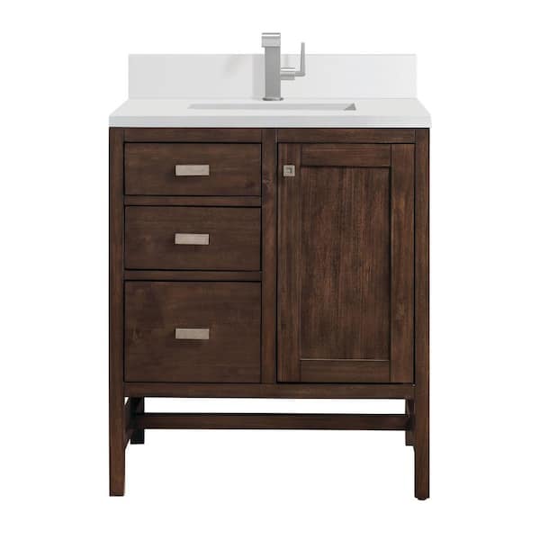 James Martin Vanities Addison 30 in. W x 23.5 in. D x 35.5 in. H Single Bathroom Vanity in Mid-Century Acacia with White Zeus Quartz Top