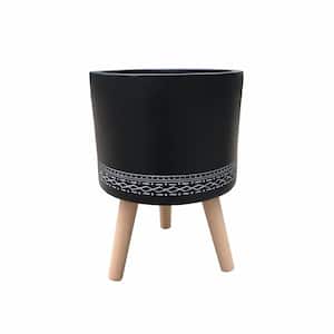 19.5 in. Tall Black Lightweight Concrete Classic Outdoor Cylindrical Planter with 3 Wooden Legs