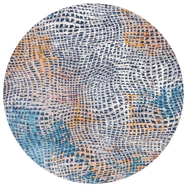 SAFAVIEH Madison Beige/Blue 7 ft. x 7 ft. Abstract Striped Gradient Round Area Rug