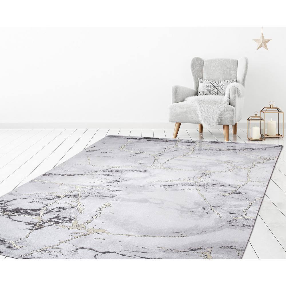 Gray and White Marble Abstract Area Rug with Gold Accents