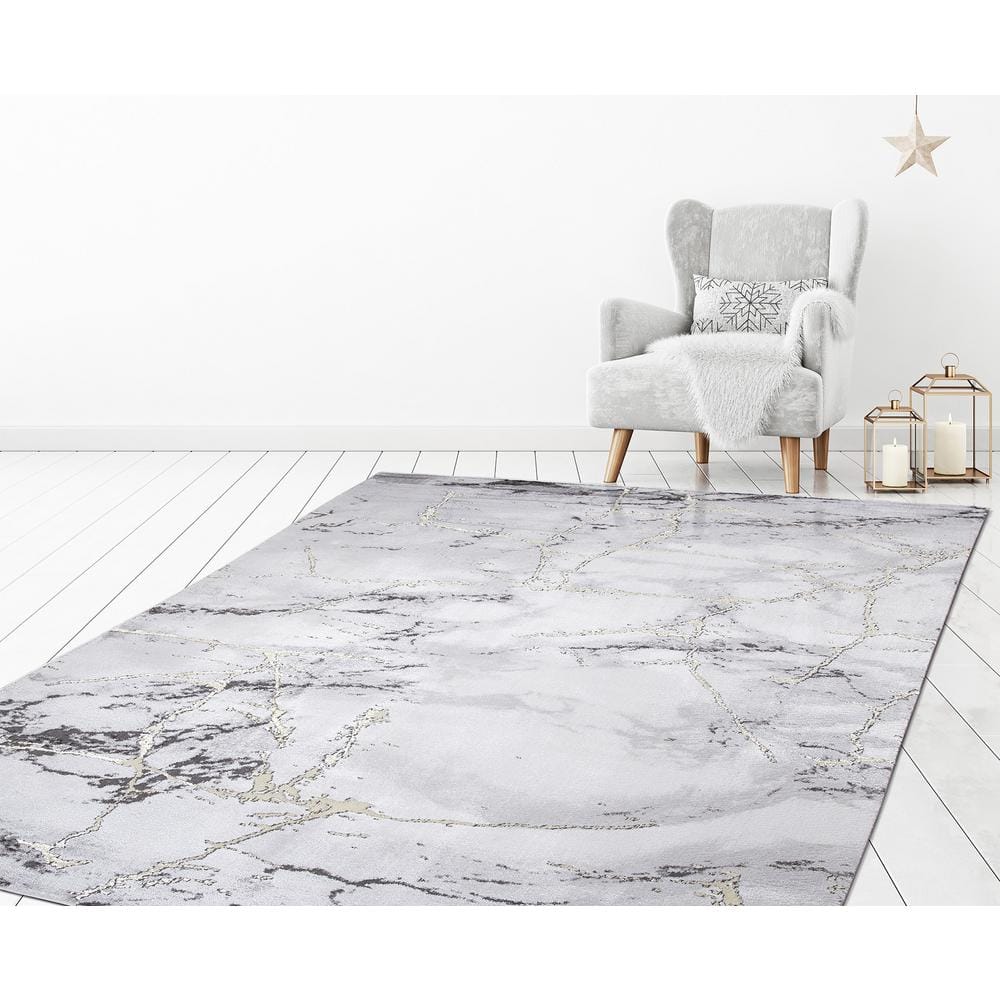 Gray Marble Abstract Synthetic Area Rug, 6'7" x 9'3"