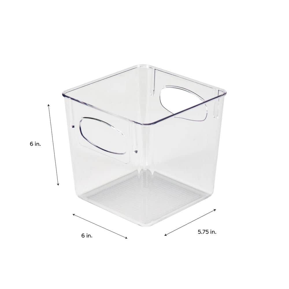 Clear Small Square Plastic Storage Bin with Cut-Out Handles