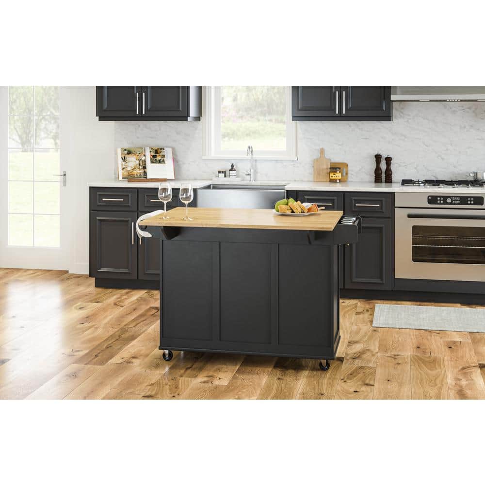 Black Wood Kitchen Cart with Drop Leaf and Storage