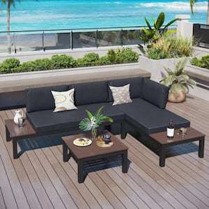 Black Aluminum 3-Piece Steel Outdoor Patio Conversation Set with Black Cushions, Table with Brown Wood-Grain Top