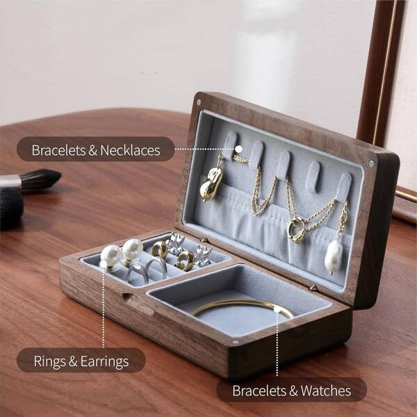 Brown Rectangular Wood Jewelry Box with 5 Drawers and Lock