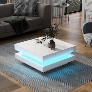 Minimalist Design 31.5 in. White Square Wood High Gloss Coffee Table with 16-Color LED Lights